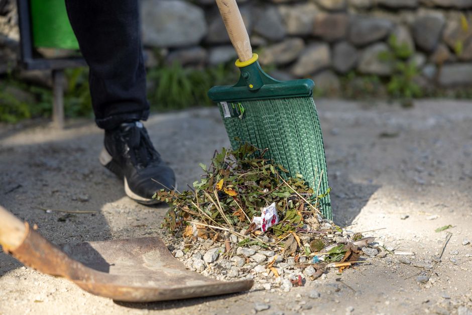 A collection of green gardening tools and supplies arranged on a vibrant lime green background, including a watering can, rubber gloves, a small trowel, a rake, a spray bottle, a plastic water bottle,
